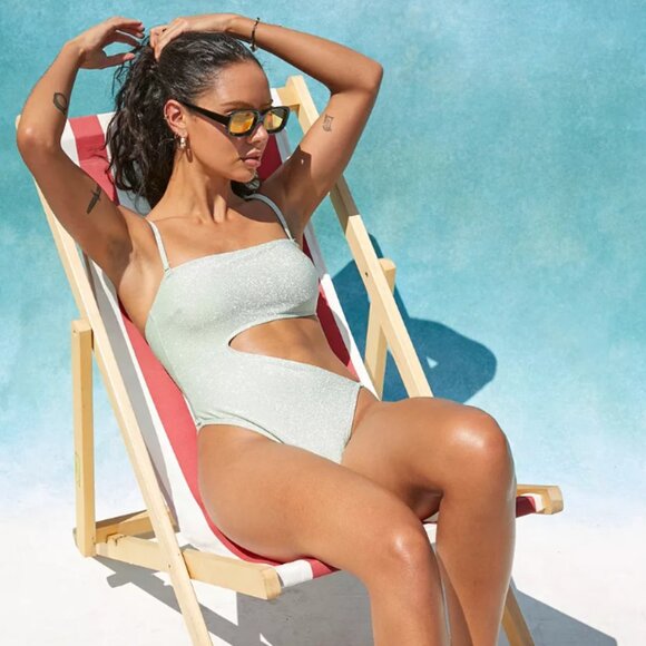 UO Out From Under Sage Green Glimmer Cut Out Swimsuit - Picture 3 of 6